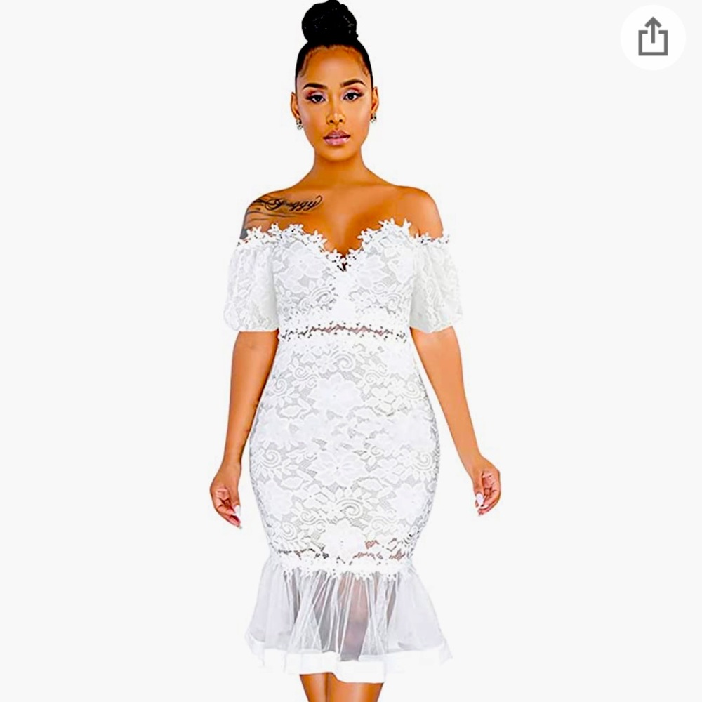 White floral lace mesh dress. Perfect for bridal shower or rehearsal dinner.